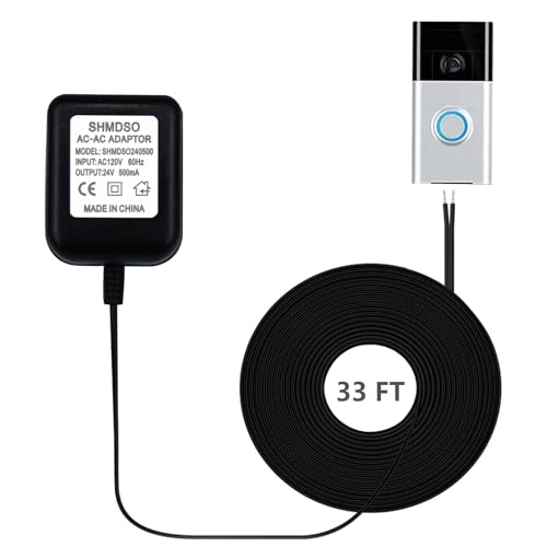 Doorbell Power Supply 24V500MA 33 Feet Length Output Cable 24 Volt Video Doorbell Adapter Compatible with Arlo, Wyze,Ring,Nest,Eufy Doorbell Power Supply(Black 33 feet)