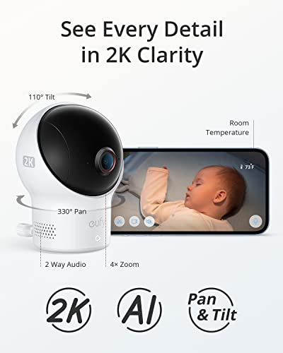 eufy Security Baby Wi-Fi Baby Monitor 2K with Noise Detection, Night Vision, Room Temperature Detection, Camera, Easy Setup, User-Friendly App, Requires 2.4GHz Wi-Fi