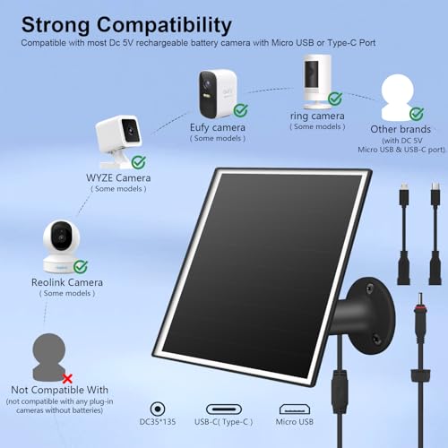 6W Solar Panel Charger for Outdoor Security Cameras. Micro USB/USB - C/DC (35 * 135) Fits Eufy/Wyze/Ring Camera