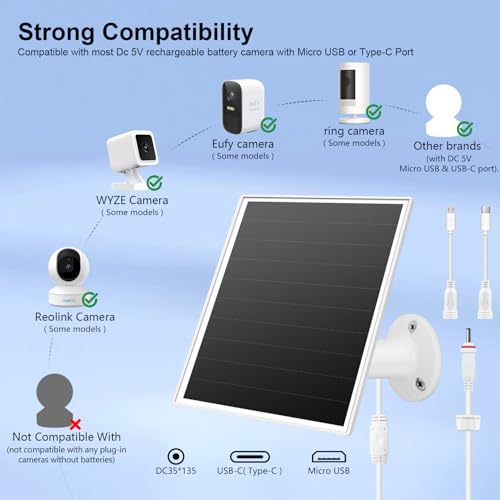 6W Solar Panel Charger for Outdoor Security Cameras. Micro USB/USB - C/DC (35 * 135) Fits Eufy/Wyze/Ring Camera