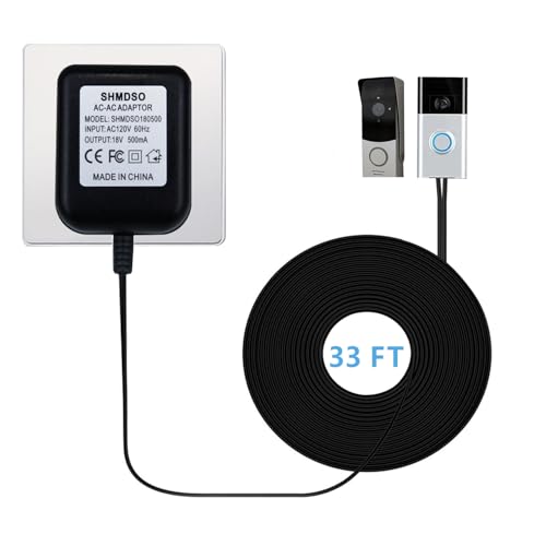 18Volt Doorbell Power Supply 33 Foot Output Line and 18V500MA Transformer Converter Compatible with Arlo, Nest, Wyze, Eufy, Ring Video Doorbell Power Adapte（33 feet Black）