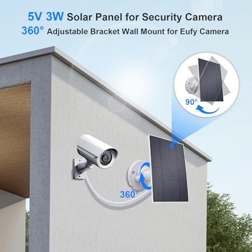5V 3W Waterproof Solar Panel Charger for Outdoor Security Camera with DC 3.5MM Male and Elbow Cables & Type-C-Female Head & Micro-Female Head，360° Adjustable Bracket Wall Mount for Eufy Camera