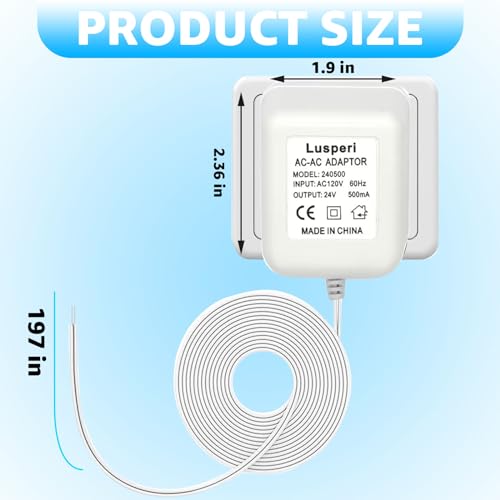 Extra Long 19.7ft Cord 24V 500mA Doorbell Transformer for Ring,Nest Hello,Wyze and Eufy Video Doorbells (White)