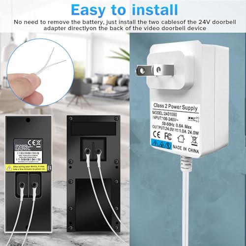 DC24V1000mA Doorbell Transformer,for Ring Doorbell Transformer C Wire Adapter Thermostat, Compatible with Wyze, Ring, Nest Ecobee, Honeywell, Eufy and Nest Hello Video Doorbells,White 33 Foot Length