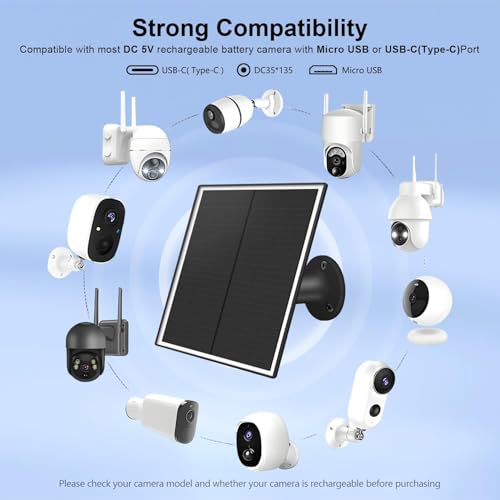 8W Solar Panel Charger for Outdoor Security Cameras, with Micro USB/USB-C and DC (35 * 135) Port, Fits Eufy/Wyze/Ring Camera
