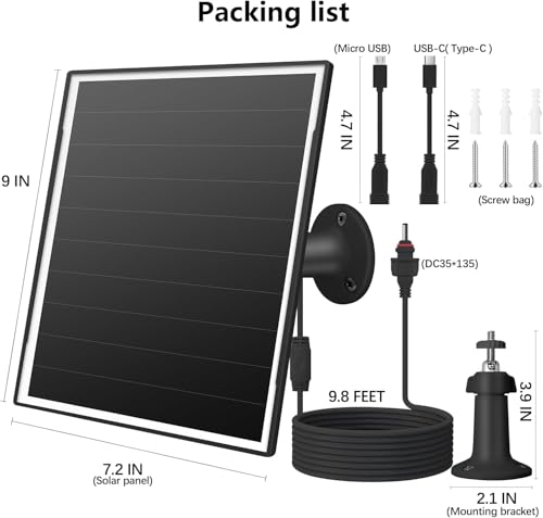 8W Solar Panel Charger for Outdoor Security Cameras, with Micro USB/USB-C and DC (35 * 135) Port, Fits Eufy/Wyze/Ring Camera