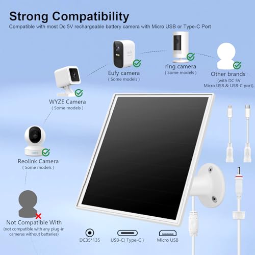 8W Solar Panel Charger for Outdoor Security Cameras, with Micro USB/USB-C and DC (35 * 135) Port, Fits Eufy/Wyze/Ring Camera