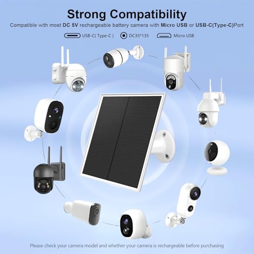 8W Solar Panel Charger for Outdoor Security Cameras, with Micro USB/USB-C and DC (35 * 135) Port, Fits Eufy/Wyze/Ring Camera