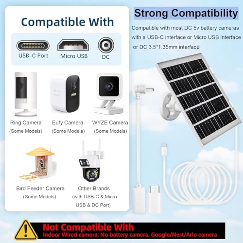 8W Solar Panel Charger for Outdoor Security Cameras, with Micro USB/USB-C and DC (35 x 135) Port, Fits Ring/Eufy/Wyze/Bird Feeder Camera
