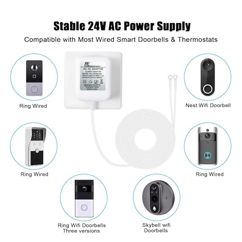 24V 500mA Doorbell Transformer, AC Power Adapter with 26FT Cable, Compatible with Ring Video Doorbell Pro/2 Nest Hello Zmodo Arlo Eufy and Smart Thermostats – Wired Power Supply – White