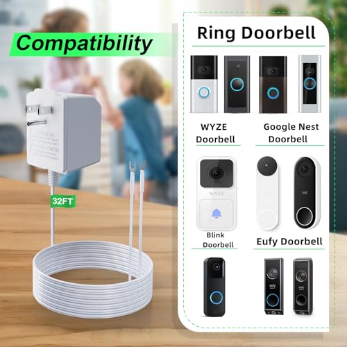 24 Volt Doorbell Transformer Power Supply for Ring Video Doorbell,Compatible with Ring,Google Nest,WYZE, Eufy,Blink Video Doorbells(𝟑𝟑𝐅𝐓 𝐄𝐱𝐭𝐞𝐧𝐬𝐢𝐨𝐧 𝐂𝐨𝐫𝐝)