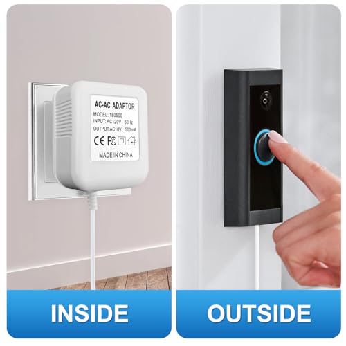 JGXDJJ18V500mA doorbell Power Adapter Long 26.2ft Cord ，Video Doorbell Transformer,Compatible with Ring, Nest, Eufy, Wyze, Arlo Wireless Video doorbell (White)